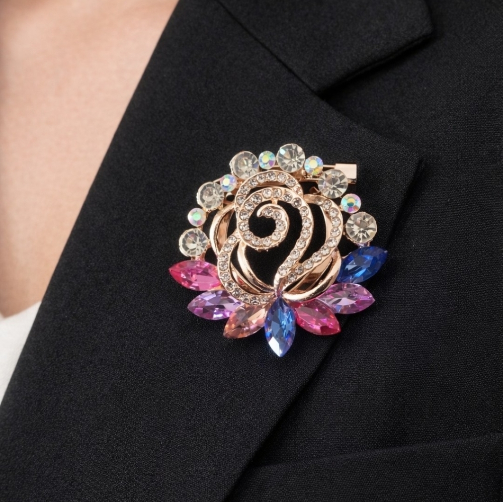 Rose Gold Crystal Rose Brooch Pin | Colorful Rhinestone Statement Piece